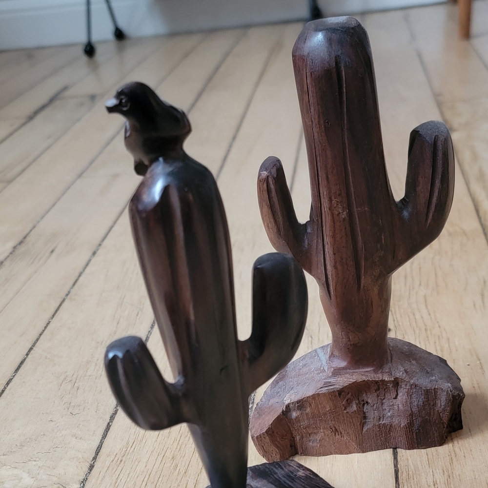 Pair mid-century, Vintage hand-carved, Hawk & Saguro Cactus Sculptures/Bookends